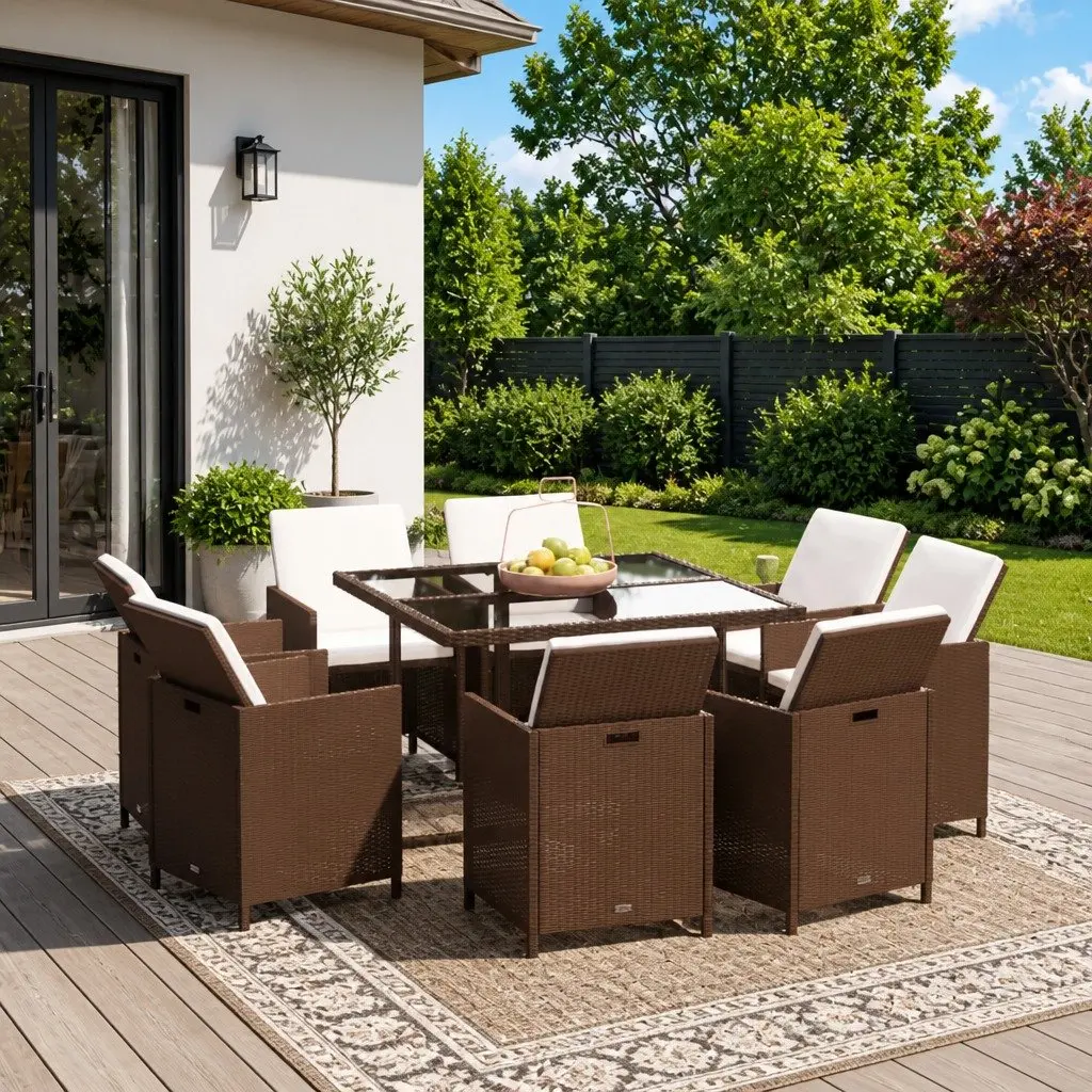 9 Piece Garden Dining Set with Cushions in Brown