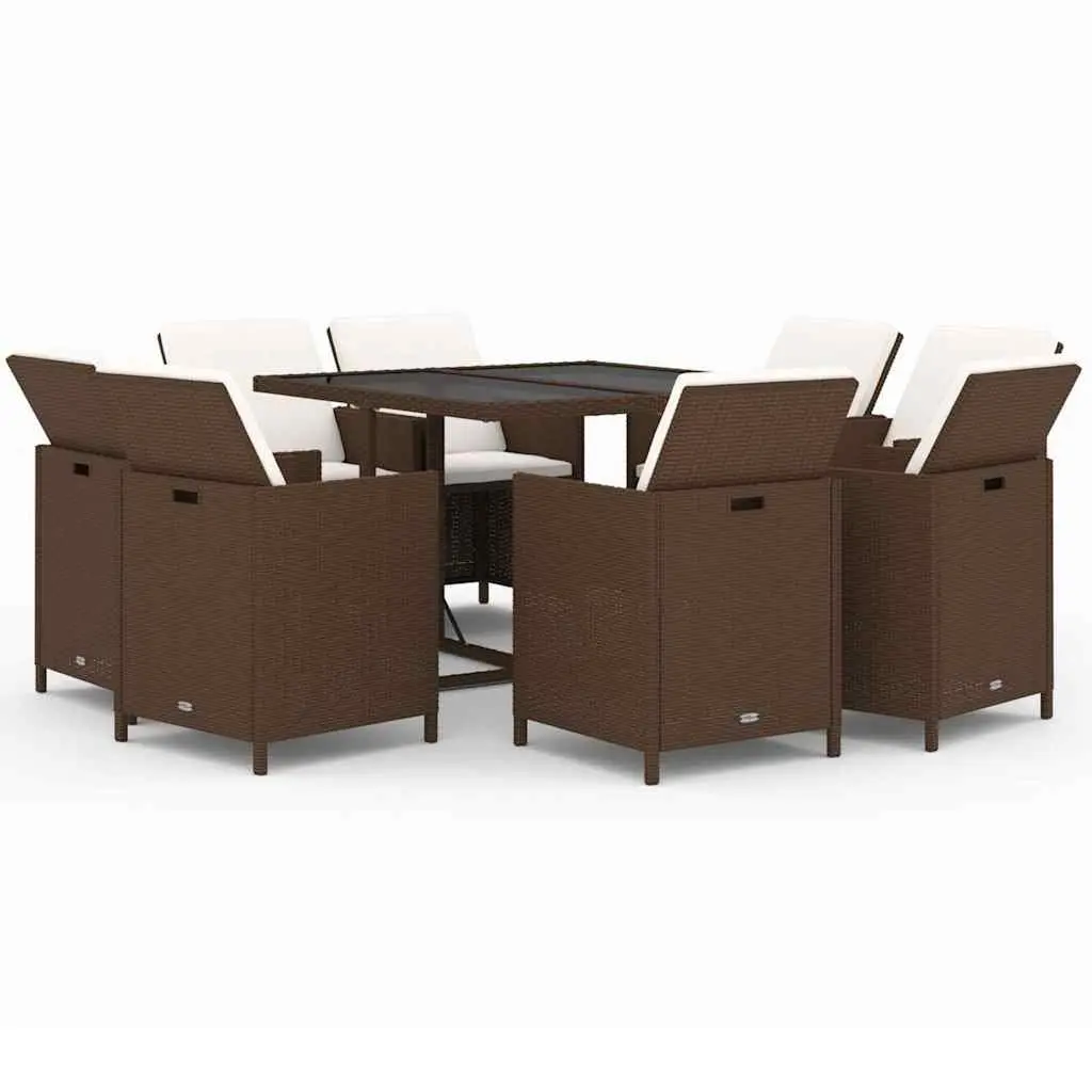 9 Piece Garden Dining Set with Cushions in Brown