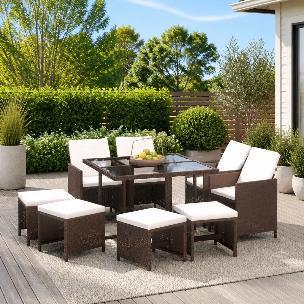 9 Piece Brown PE Rattan Garden Dining Set