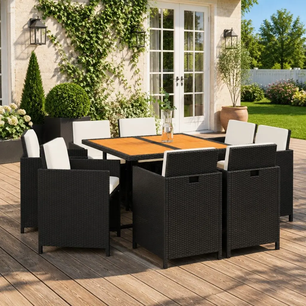 9 Piece Outdoor Garden Dining Set PE Rattan Powder Coated Steel Black