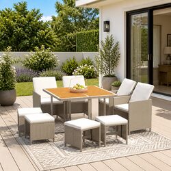 9-Piece Outdoor Dining Set in Beige with Cushions