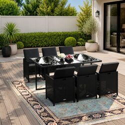 7 Piece Black Poly Rattan Garden Dining Set with Cushions