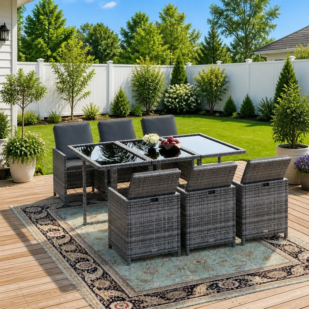 Garden Dining Set PE Rattan 7 Piece Outdoor Furniture Grey with Cushions
