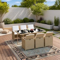 Sturdy 7 Piece Beige Poly Rattan Garden Dining Set