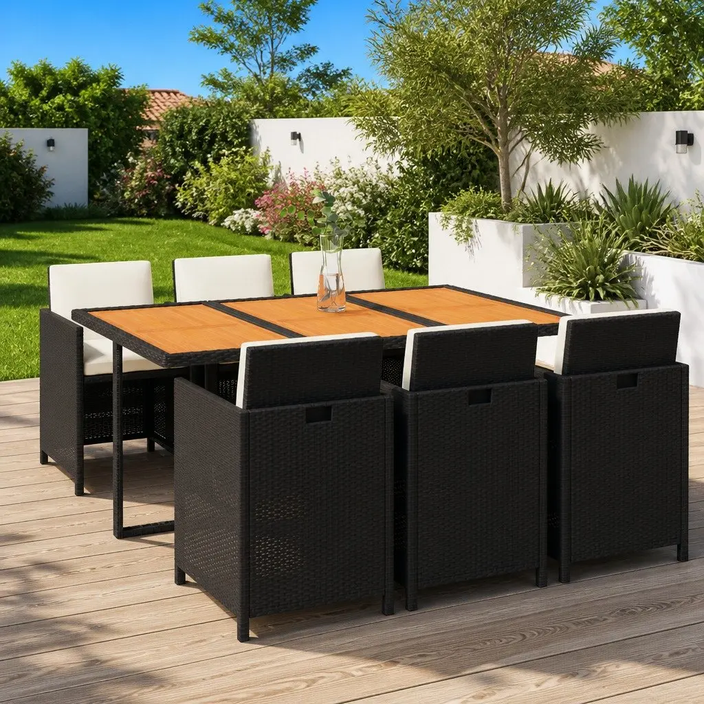 7 Piece Outdoor Dining Set PE Rattan Powder-coated Steel Black