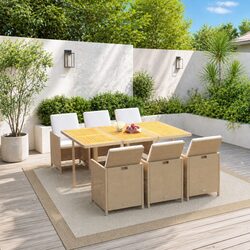 Sturdy 7 Piece Garden Dining Set in Beige PE Rattan