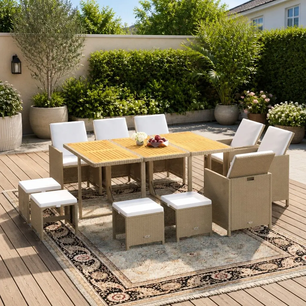 Beige 11-Piece Outdoor Dining Set with Durable Rattan