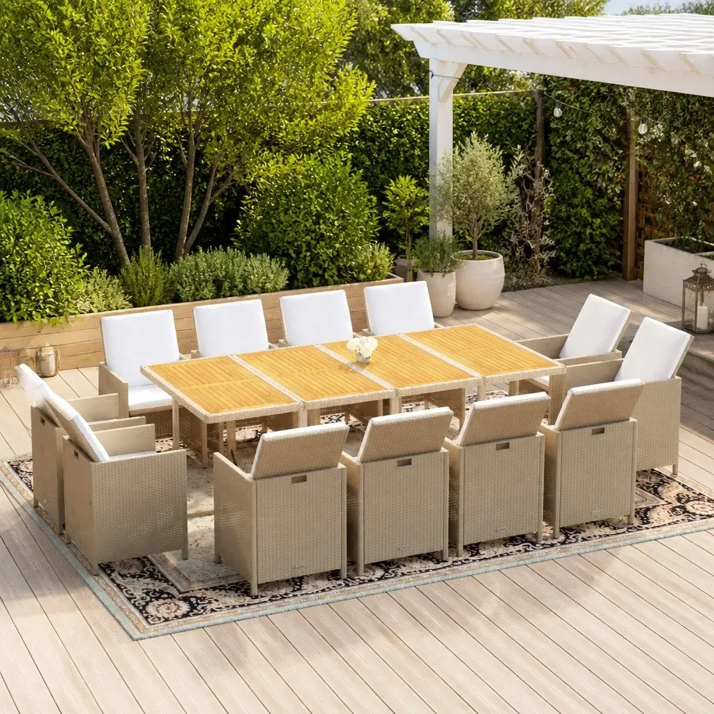 13 Piece Patio Dining Set in Beige with Cushions