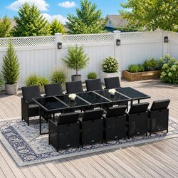 11-Piece Black Poly Rattan Garden Dining Set with Cushions
