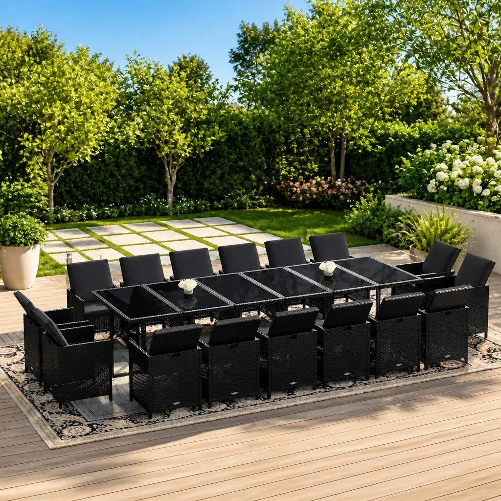 17-Piece Poly Rattan Garden Dining Set in Black