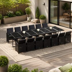 15-Piece Black Poly Rattan Garden Dining Set with Cushions