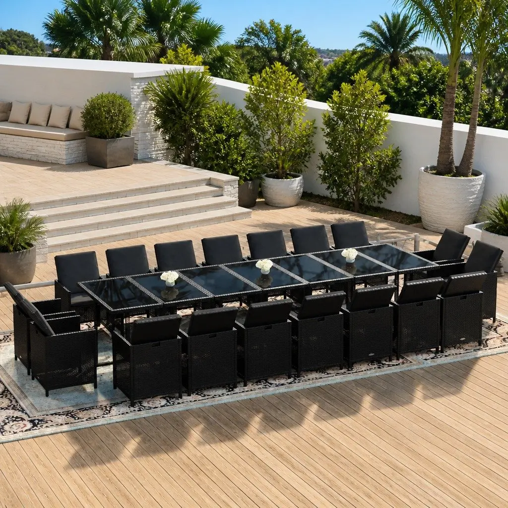 19-Piece Black Poly Rattan Dining Set with Cushions