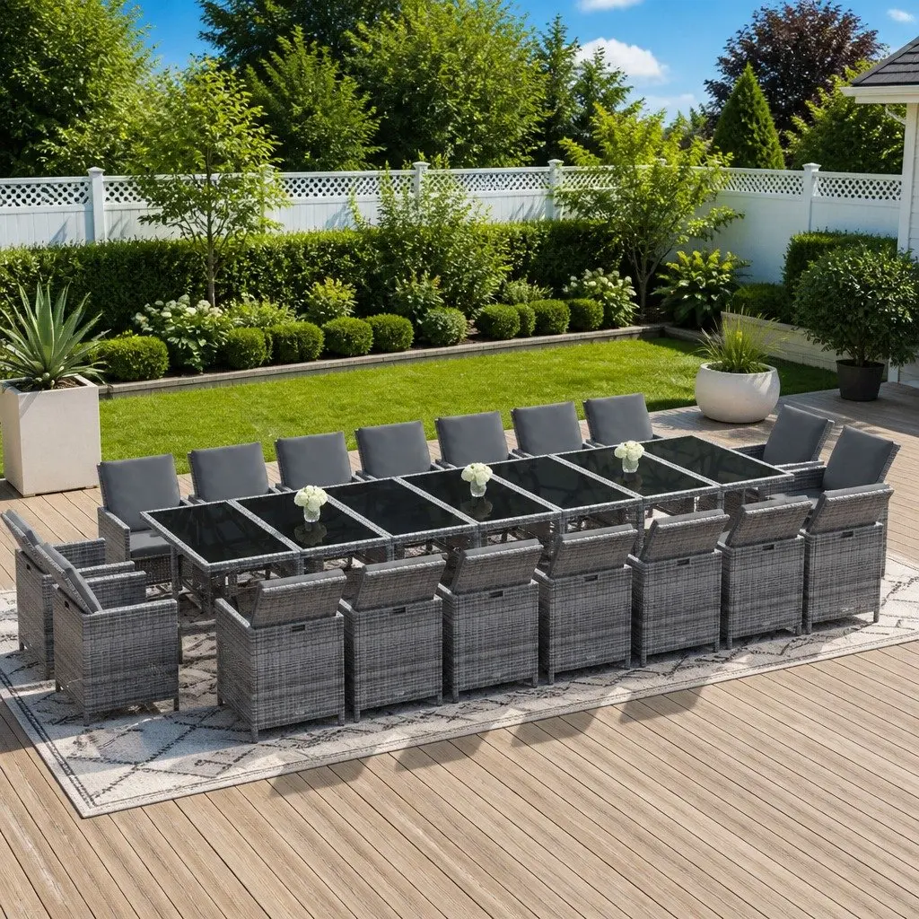 Outdoor Dining Set Poly Rattan 19 Piece Grey with Cushions