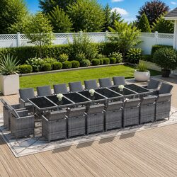 Outdoor Garden Dining Set 19 Piece Poly Rattan Grey with Cushions Patio