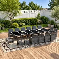 19 Piece Grey Poly Rattan Garden Dining Set with Cushions