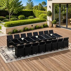 17-Piece Black Poly Rattan Outdoor Dining Set