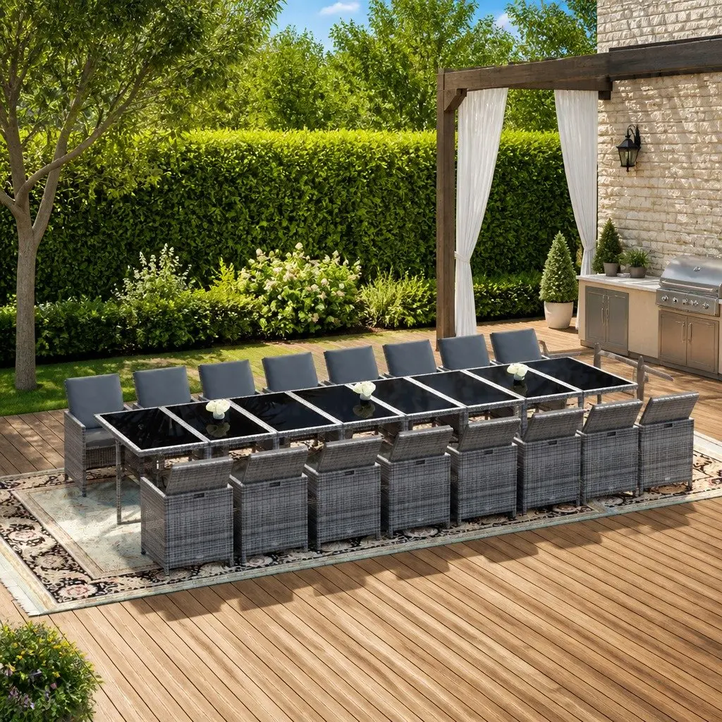 Garden Dining Set PE Rattan 17 Piece Outdoor Furniture Grey with Cushions