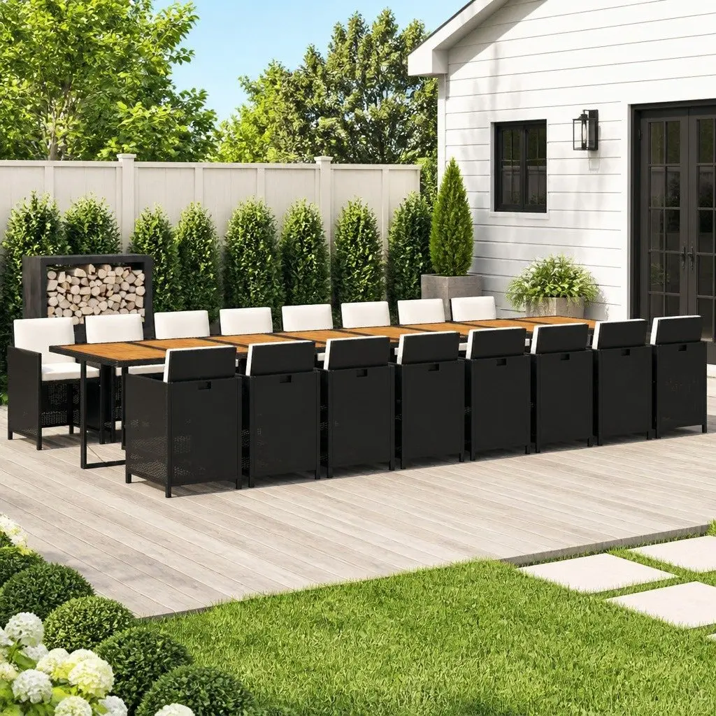 Outdoor Dining Set 17 Piece Black Poly Rattan Furniture with Cushions
