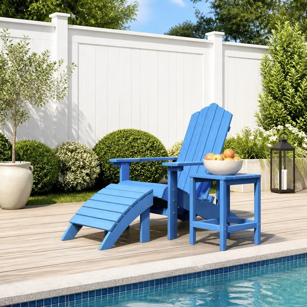 Adirondack Chair HDPE Blue with Footstool and Side Table Outdoor Garden Patio Furniture