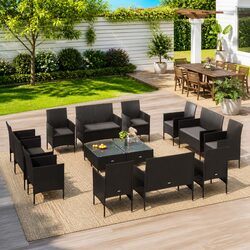 16-Piece Black Outdoor Garden Lounge Set with Cushions