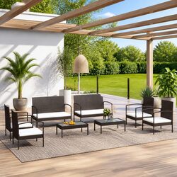 Durable 8-Piece Black Poly Rattan Garden Lounge Set