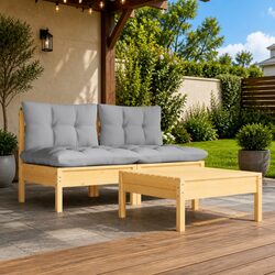 Sturdy 3 Piece Pinewood Garden Lounge Set with Grey Cushions