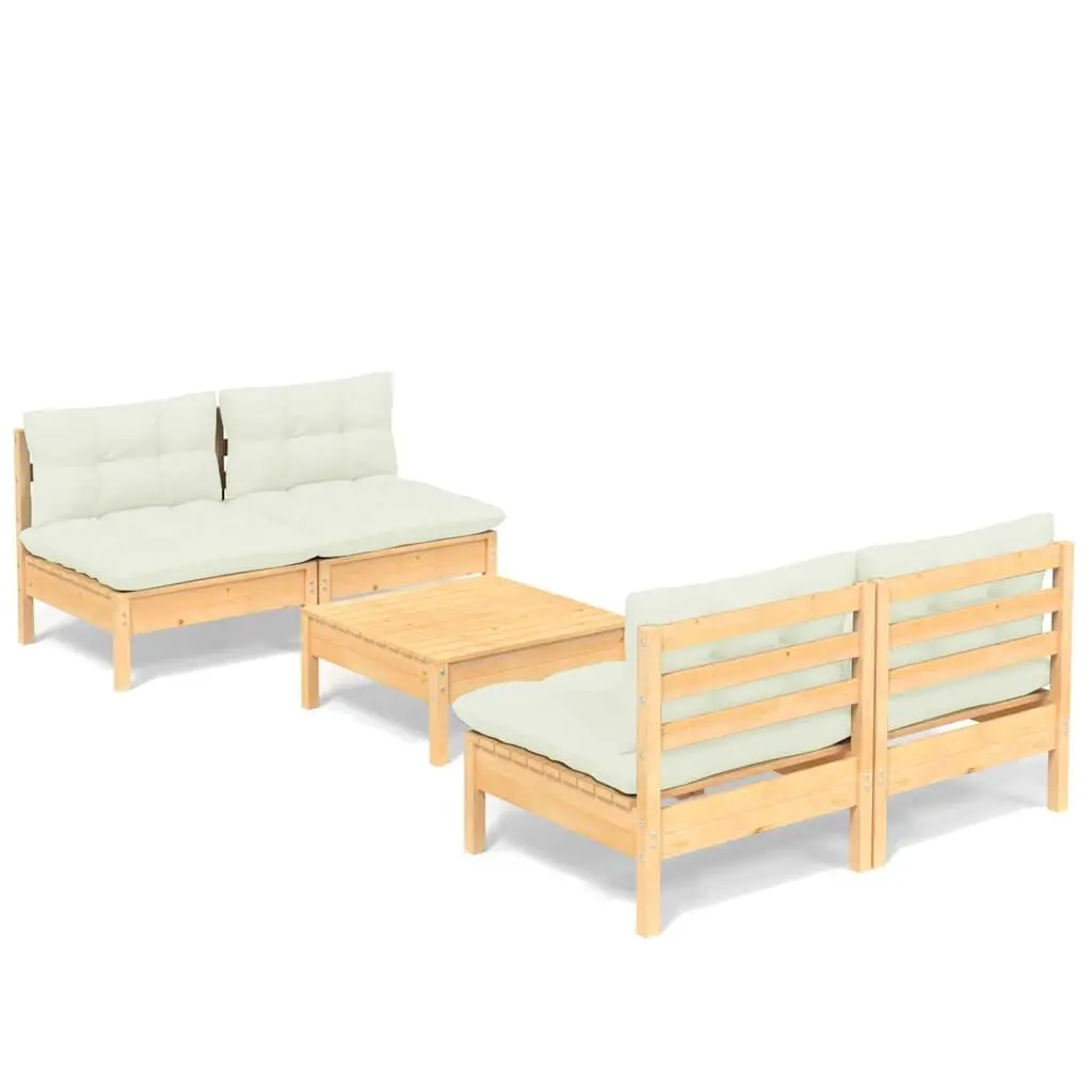 5-Piece Pinewood Garden Lounge Set with Cream Cushions