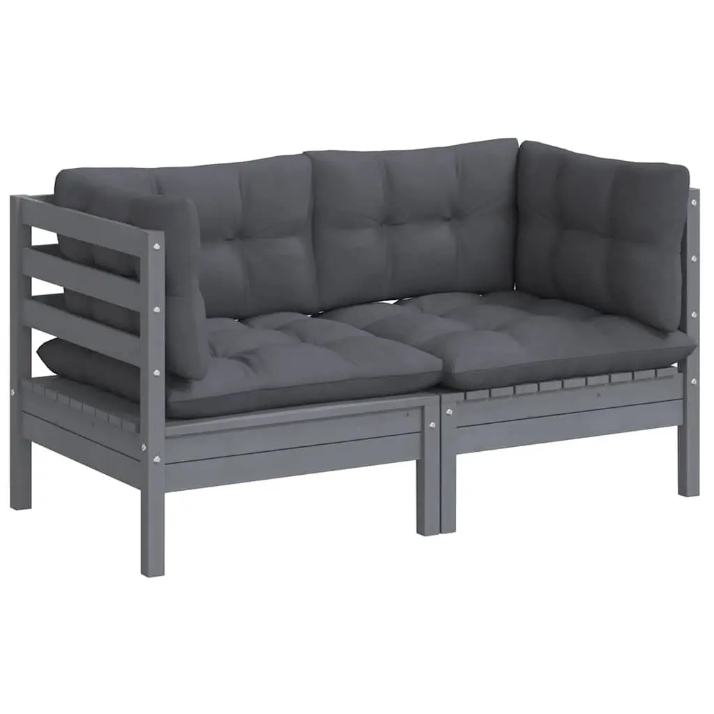 2-Seater Garden Sofa Solid Pinewood Grey Cushions