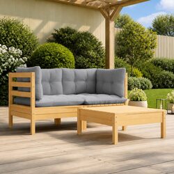 3 Piece Pinewood Garden Lounge Set with Grey Cushions
