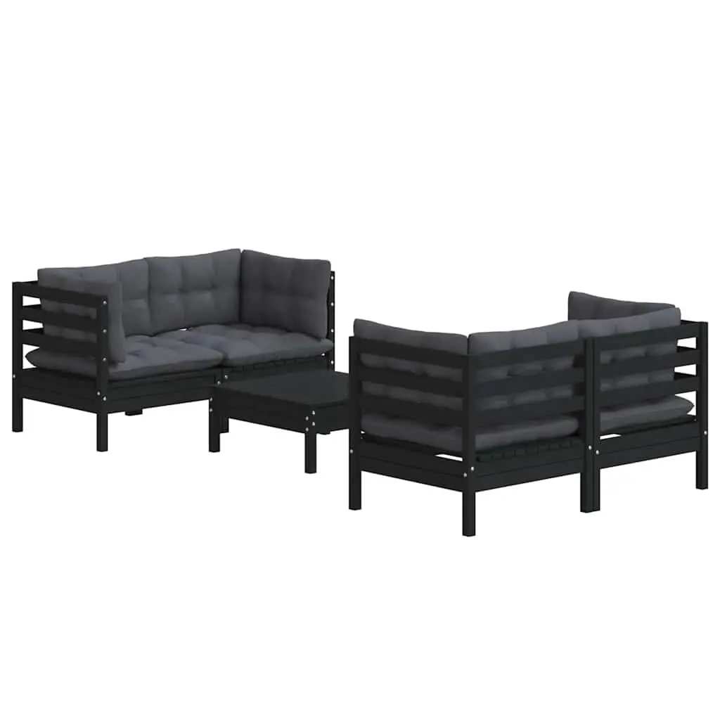 5 Piece Garden Lounge Set Pinewood Outdoor Patio Furniture with Cushions Black