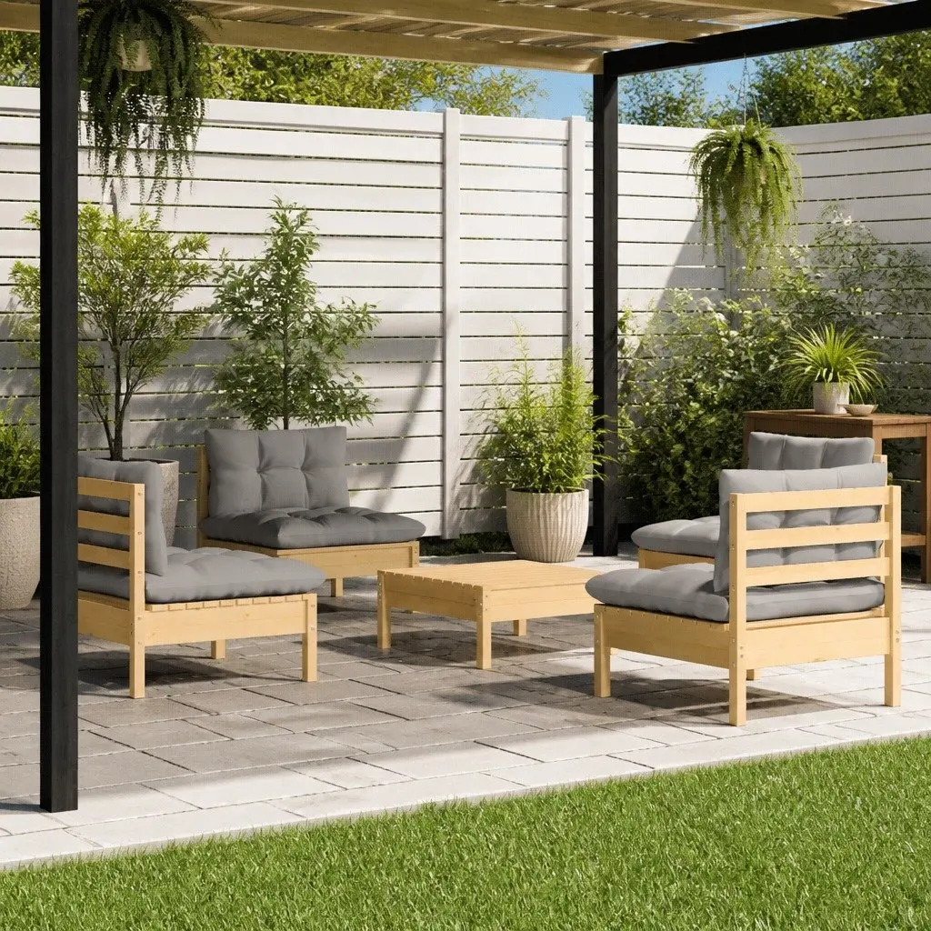 Garden Lounge Set Pinewood 5 Piece Outdoor Patio Furniture Grey Cushions