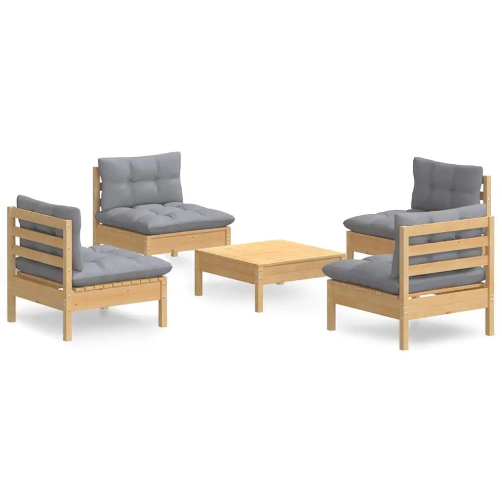 Garden Lounge Set Pinewood 5 Piece Outdoor Patio Furniture Grey Cushions