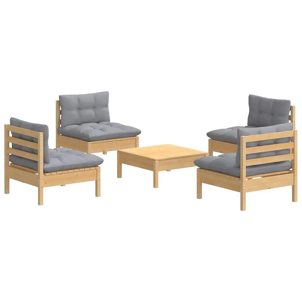 Garden Lounge Set Pinewood 5 Piece Outdoor Patio Furniture Grey Cushions