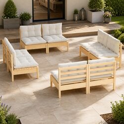 8-Piece Pinewood Garden Lounge Set with Cream Cushions