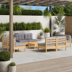 Durable 9 Piece Pinewood Garden Lounge Set with Grey Cushions