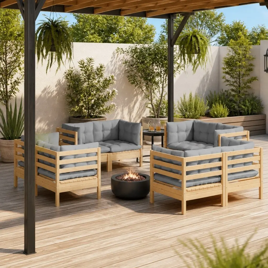 8-Piece Modular Garden Lounge Set with Grey Cushions