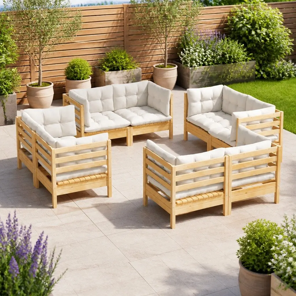 Garden Lounge Set Solid Pinewood 8 Piece Outdoor Patio Furniture Cream Cushions