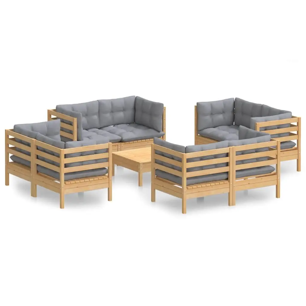 Garden Lounge Set Pinewood 9 Piece Modular Outdoor Patio Furniture Grey Cushions