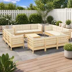 Durable 13 Piece Pinewood Garden Lounge Set with Cream Cushions