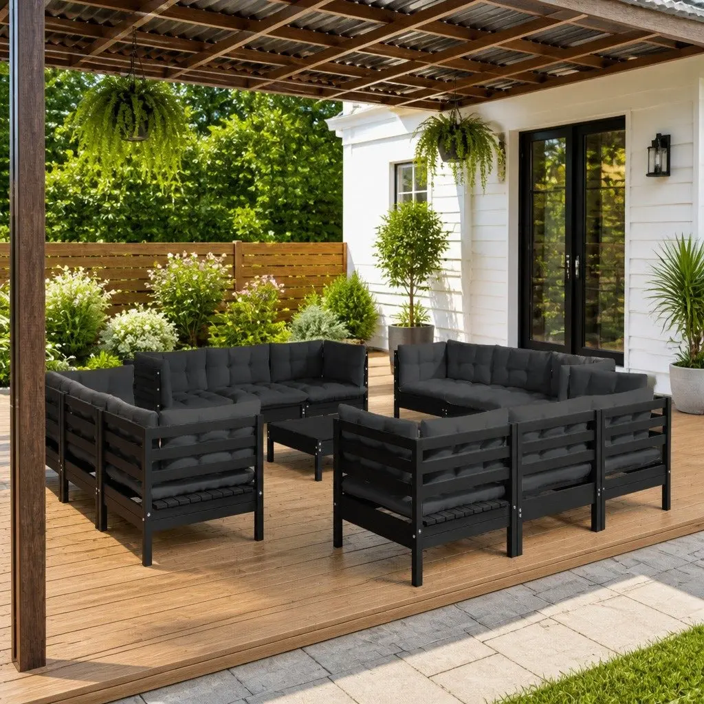 Garden Lounge Set Pinewood 13 Piece Outdoor Patio Furniture Black with Cushions