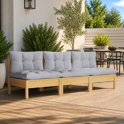 3-Seater Garden Sofa with Grey Cushions in Solid Pinewood