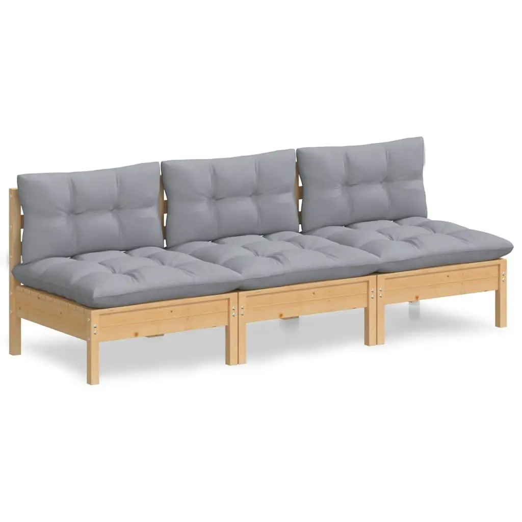 3-Seater Garden Sofa Solid Pinewood Grey Cushions Outdoor Patio Furniture