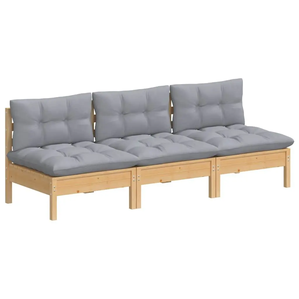 3-Seater Garden Sofa Solid Pinewood Grey Cushions Outdoor Patio Furniture