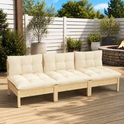 Solid Pinewood 3-Seater Garden Sofa with Cushions