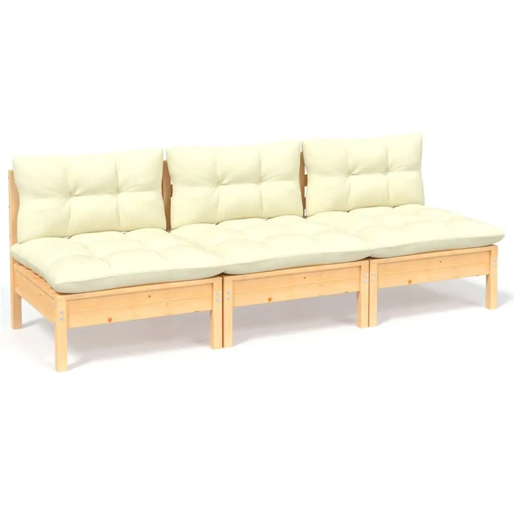 Solid Pinewood 3-Seater Garden Sofa with Cushions
