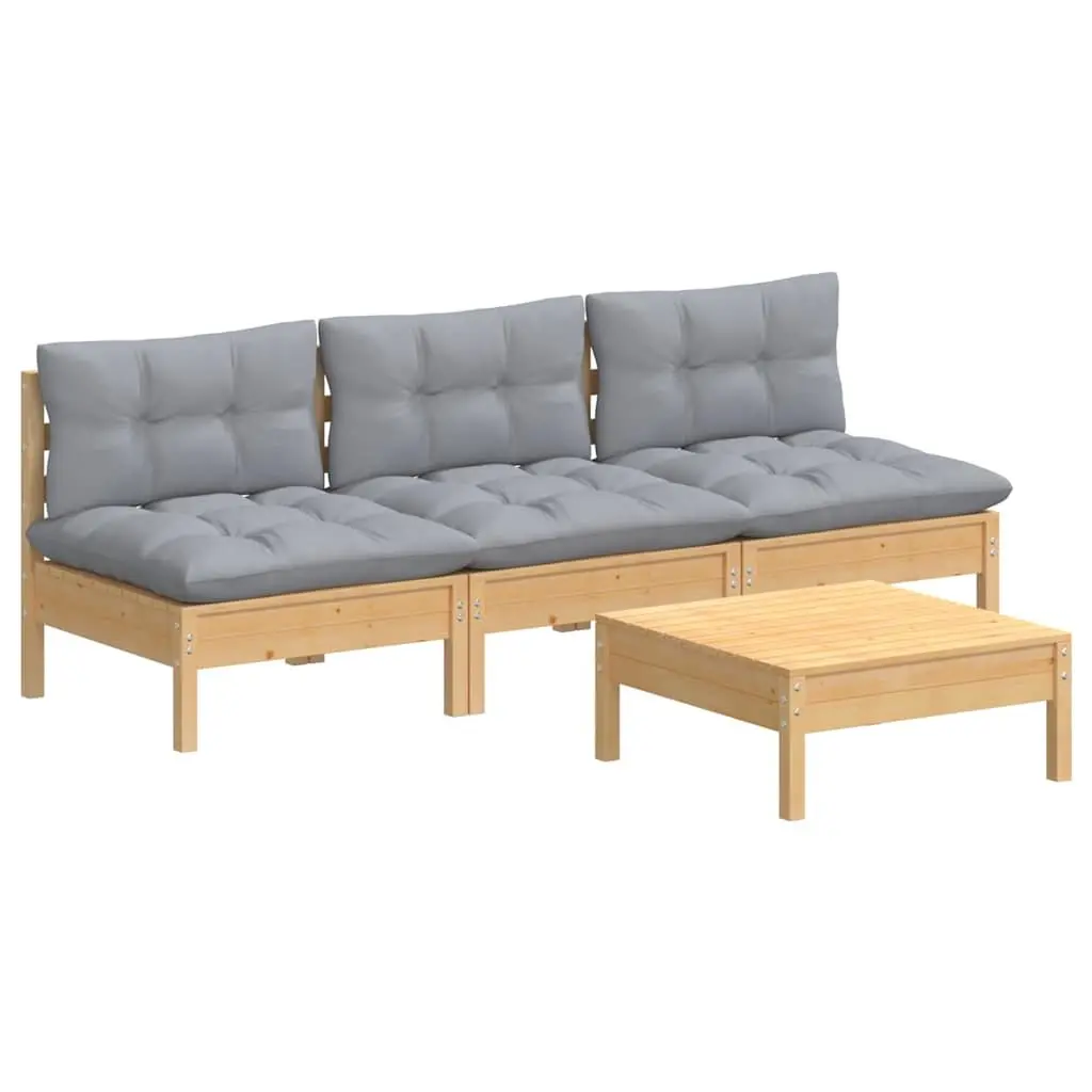 Garden Lounge Set Pinewood 4 Piece Grey Cushions