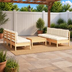 Outdoor Patio Lounge Set 7 Piece Pinewood with Cream Cushions