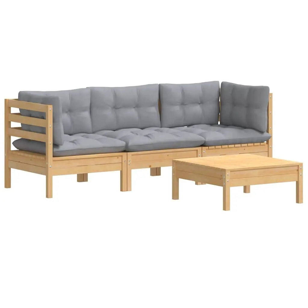 Garden Lounge Set Pinewood 4 Piece Outdoor Patio Furniture Grey Cushions