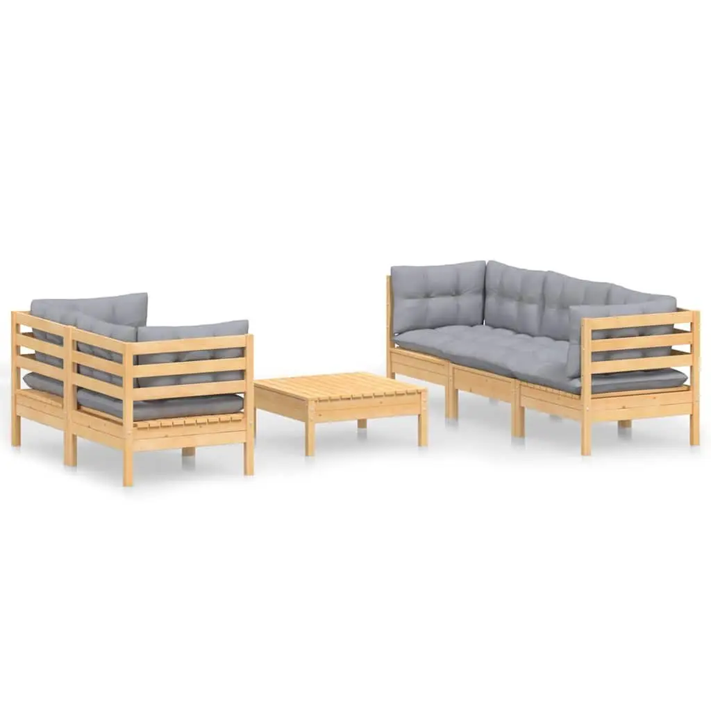 Garden Lounge Set Pinewood 6 Piece Outdoor Patio Furniture Grey Cushions