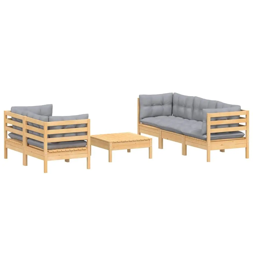 Garden Lounge Set Pinewood 6 Piece Outdoor Patio Furniture Grey Cushions